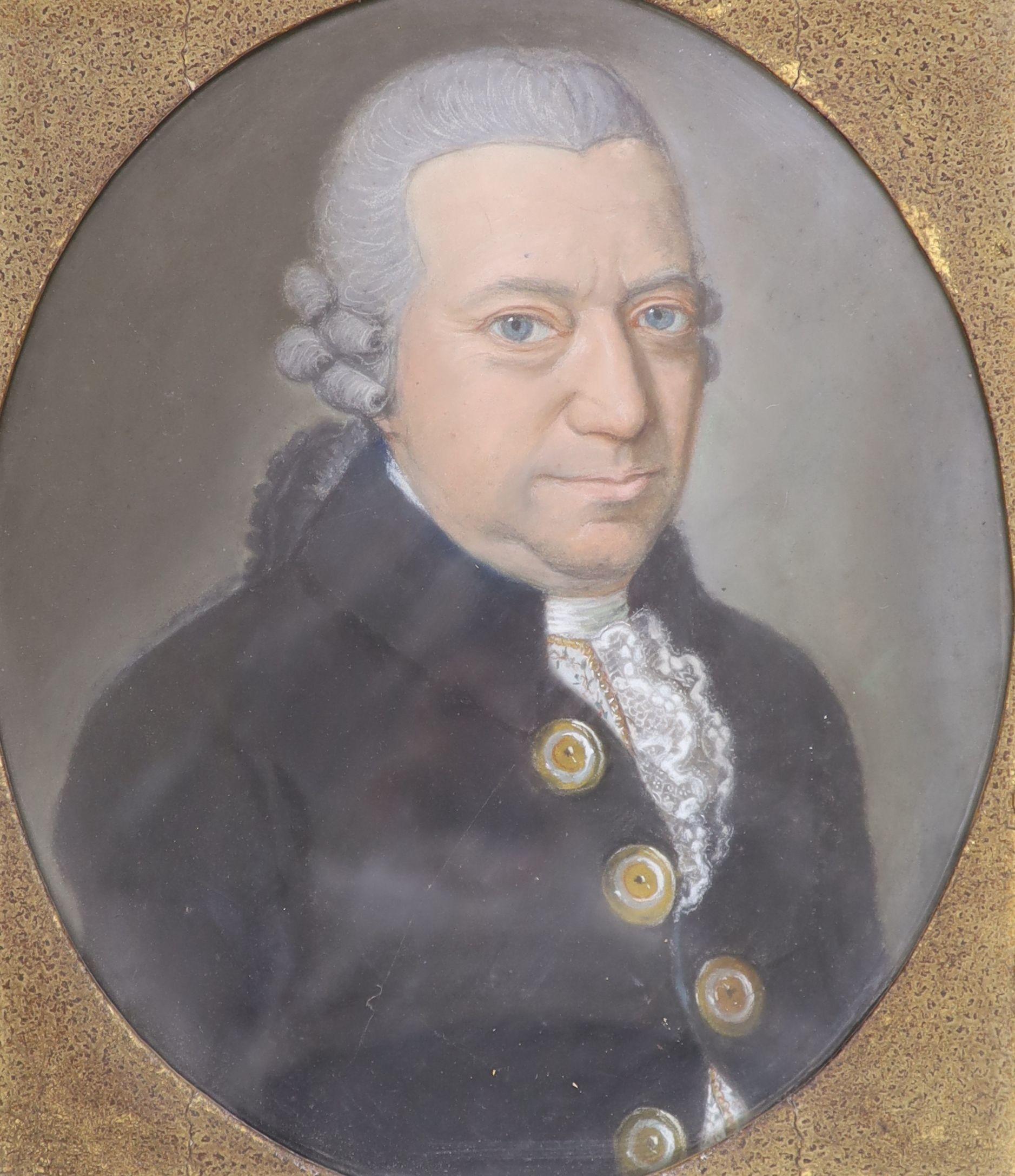 Late 18th century English School, pastel on paper, Portrait of a gentleman, oval, 30 x 25cm